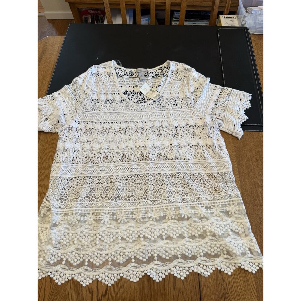 Catherines White Lace Crochet Floral Tunic Blouse Short Sleeve 1X Plus